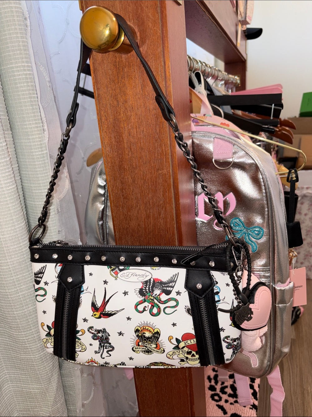 Ed Hardy White Tattoo-Print Shoulder Bag with Black Trim